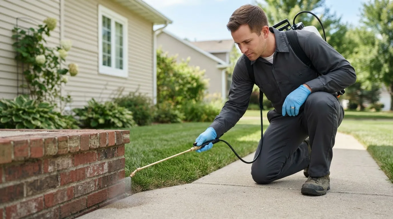 Pest control technician treating a home near Coyle, OK